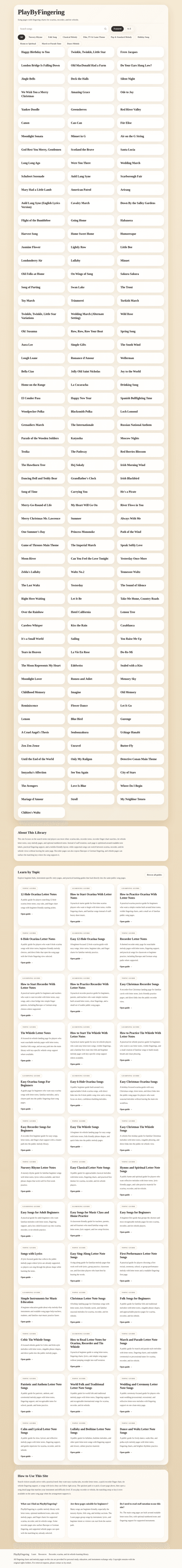 PlayByFingering homepage showing song library with fingering charts for recorder, ocarina, and tin whistle