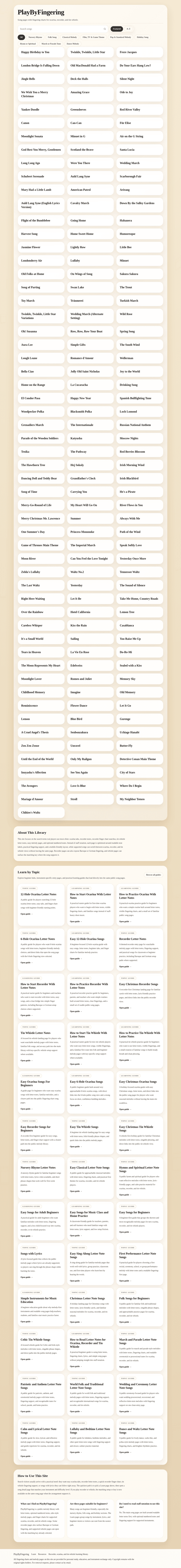 PlayByFingering homepage showing song library with fingering charts for recorder, ocarina, and tin whistle